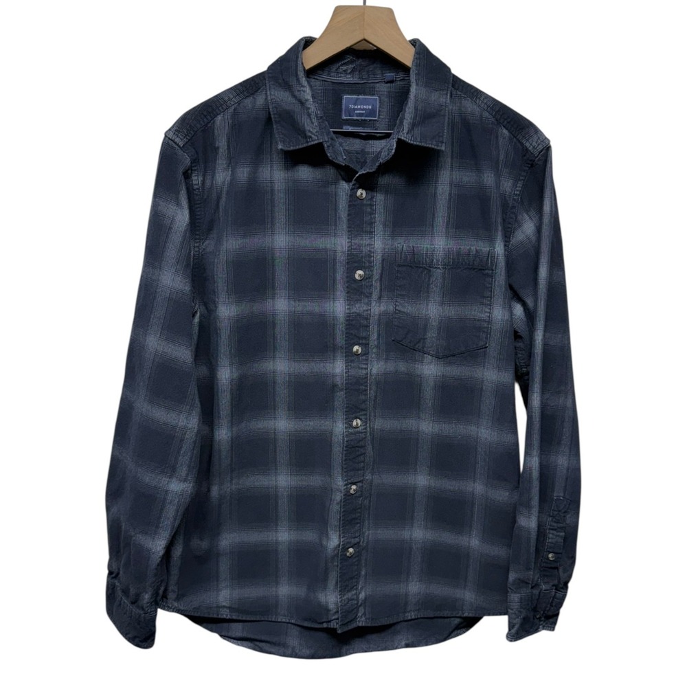7 Diamonds Corduroy Shirt Mens Sz L‎ Blue Plaid Button Up Pocket Long Sleeve